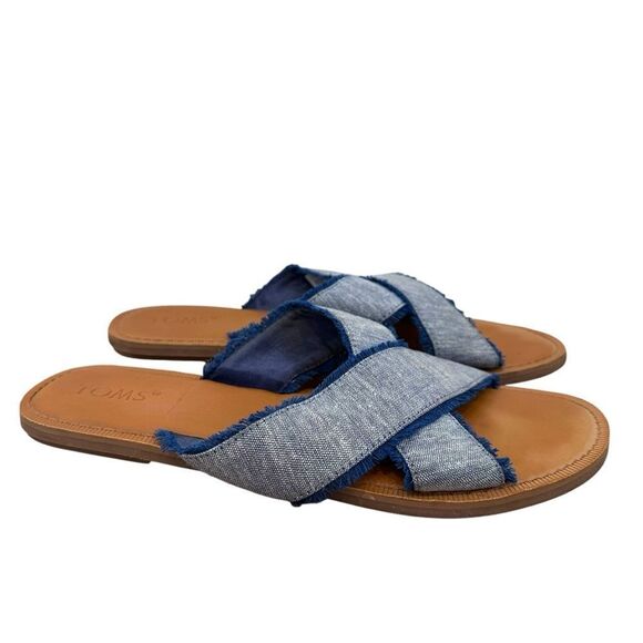 TOMS Viv Blue Slub Chambray Crossover Slide Sandals Size 10 - Picture 3 of 8